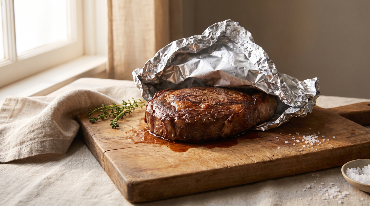 Pièce de viande au repos sous un papier, planche en bois