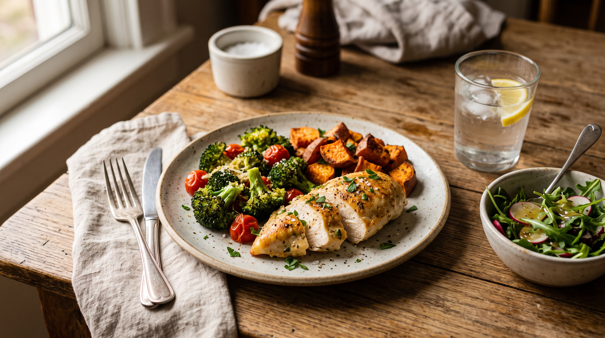 Dîner simple servi en semaine, lumière naturelle