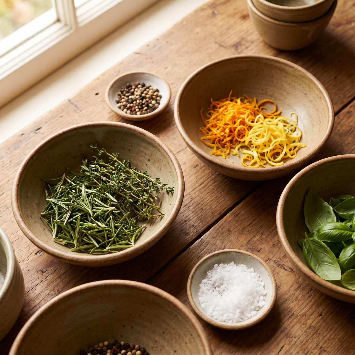 Herbes et zestes en bols, plan du dessus