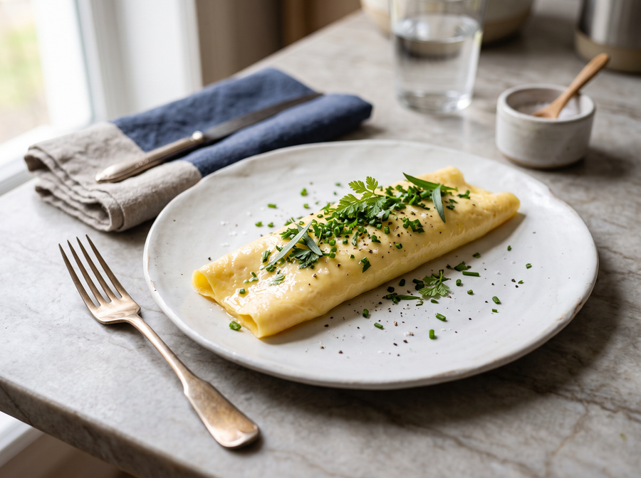 Omelette aux fines herbes, cuisson française classique