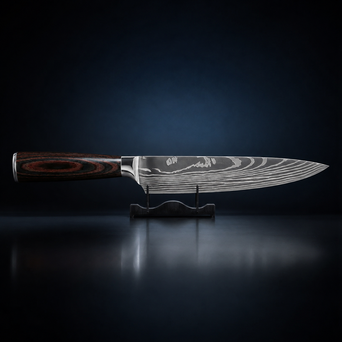 Couteau de Chef Japonais – Lame 20,5 cm à Motif Damassé – gros plan sur la lame