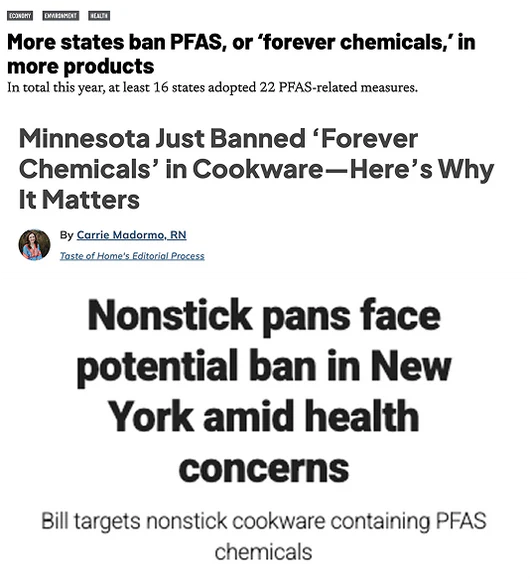 News headlines: US states ban PFAS in cookware (Minnesota, New York)