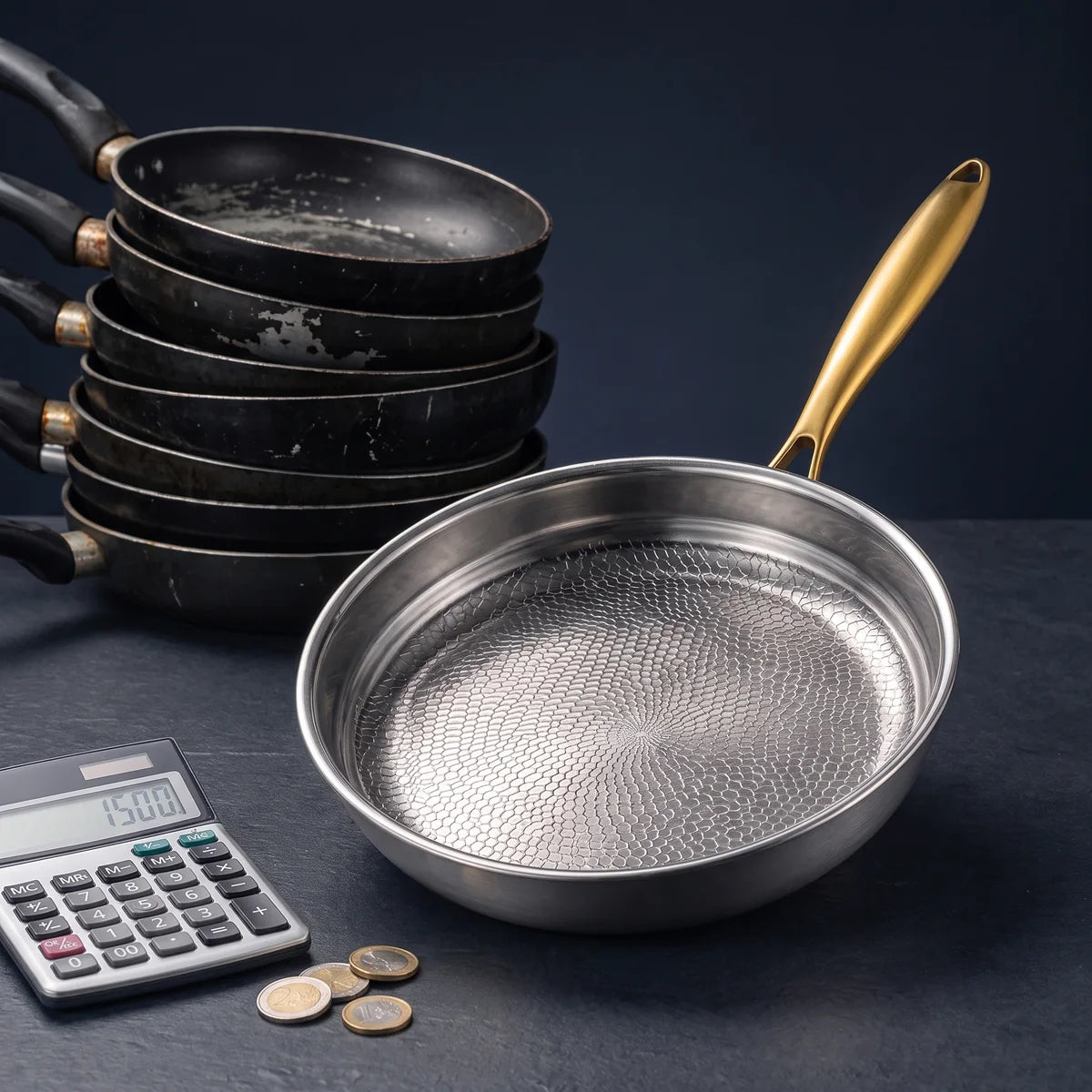 Titanium Pan next to a stack of worn coated pans and a calculator