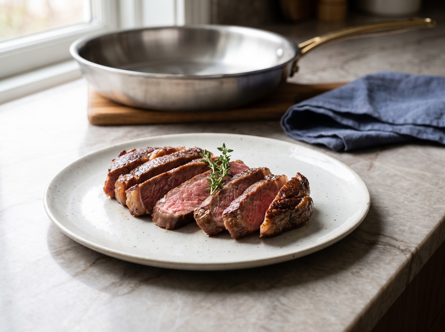 Entrecôte saisie à la perfection, tranchée, cuisson rosée