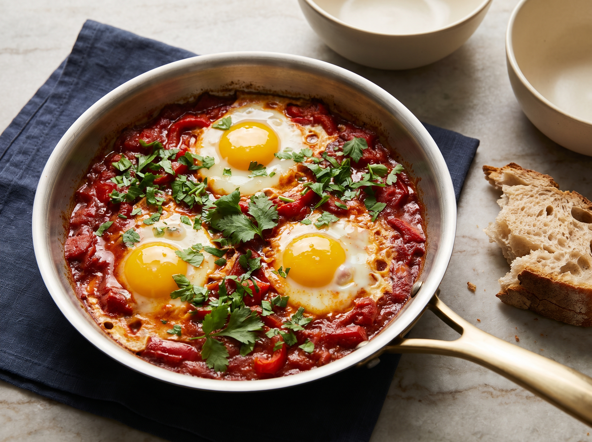 Shakshuka aux tomates rôties, œufs pochés dans la poêle